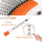 Gluco Care 0.3 ml/cc Syringes 31G x 5/16" (8mm), Orange Cap,100 pcs/bx