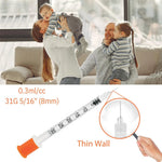 Gluco Care 0.3 ml/cc Syringes 31G x 5/16" (8mm), Orange Cap,100 pcs/bx