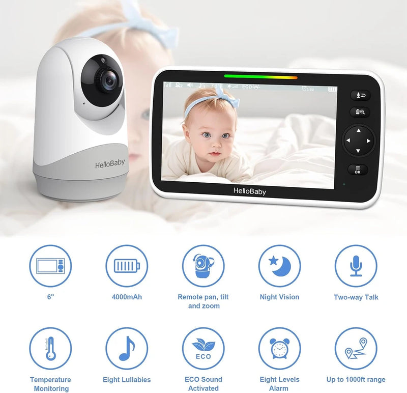HelloBaby 6" IPS Large Screen Baby Monitor with Camera and Audio, No WiFi