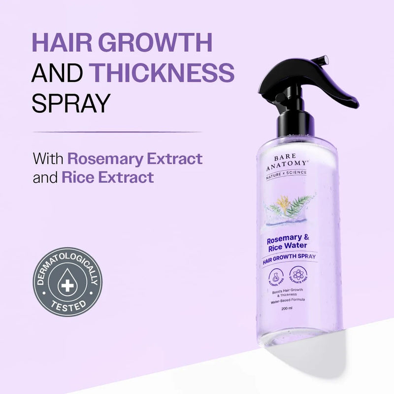 Bare Anatomy Nature x Science Rosemary Water Spray for Hair Growth &amp; Hair Thickness with Rice Water |100% Natural Extract | Soft &amp; Smooth Hair| Controls Hairfall| Non-Greasy &amp; Fast Absorbing | 200ml