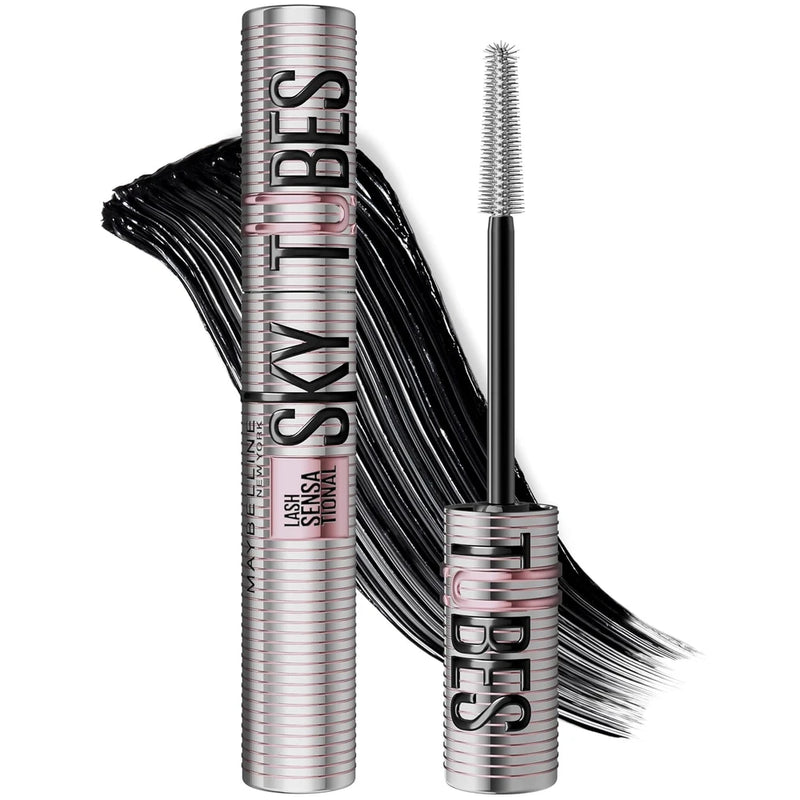 Maybelline Lash Sensational Sky Tubes Tubing Mascara, Extension-Like Lengthening Mascara, 24HR Eye Makeup with Shea Butter &amp; Castor Oil, Very Black, 1 Count
