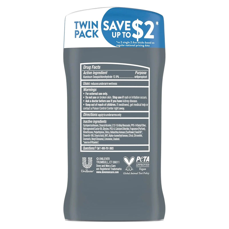 DOVE MEN + CARE Antiperspirant Deodorant Stick Clean Comfort Twin Pack 72-Hour Sweat &amp; Odor Protection Antiperspirant for Men With 1/4 Moisturizing Cream 2.7 oz