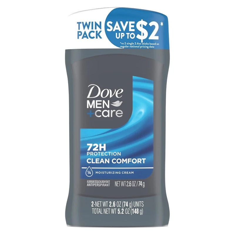 DOVE MEN + CARE Antiperspirant Deodorant Stick Clean Comfort Twin Pack 72-Hour Sweat &amp; Odor Protection Antiperspirant for Men With 1/4 Moisturizing Cream 2.7 oz