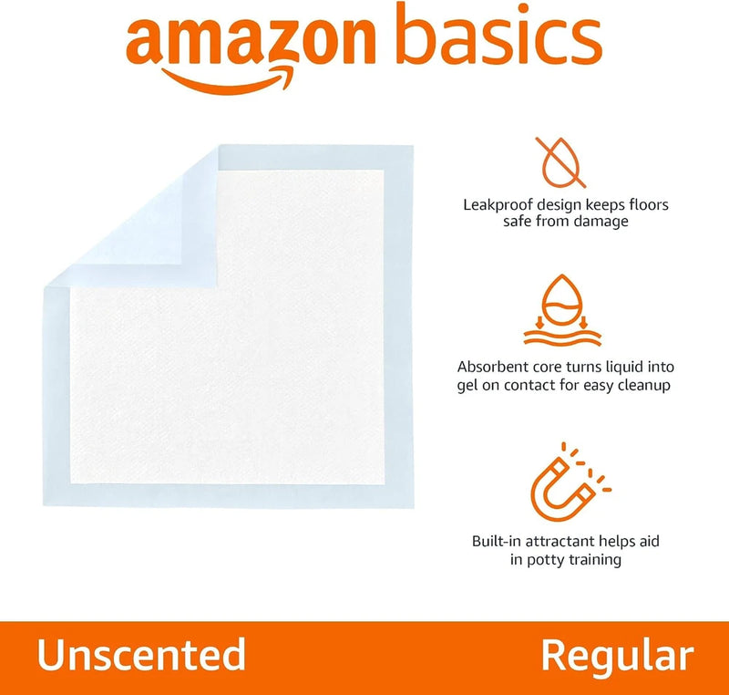 Amazon Basics Leak-Proof Dog and Puppy Potty Training Pee Pads with Quick-Dry 5-Layer Super Absorbent Design, Regular Size 22 x 22 inch, Blue &amp; White, 100 Count