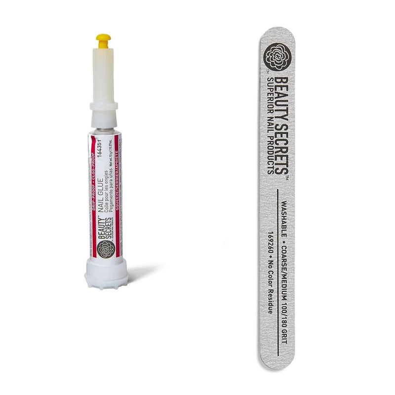 Beauty Secrets Drip &amp; Clog Proof Nail Glue (1 Pack) Bundled with Zebra Cushion Nail File Medium Coarse 180/100 Grit by Beauty Secrets