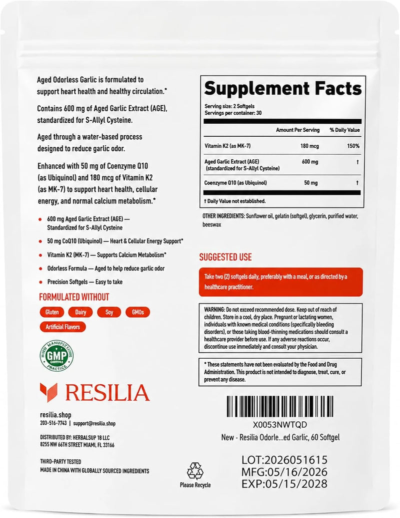 Resilia Odorless Aged Garlic Softgels (60 Count)
