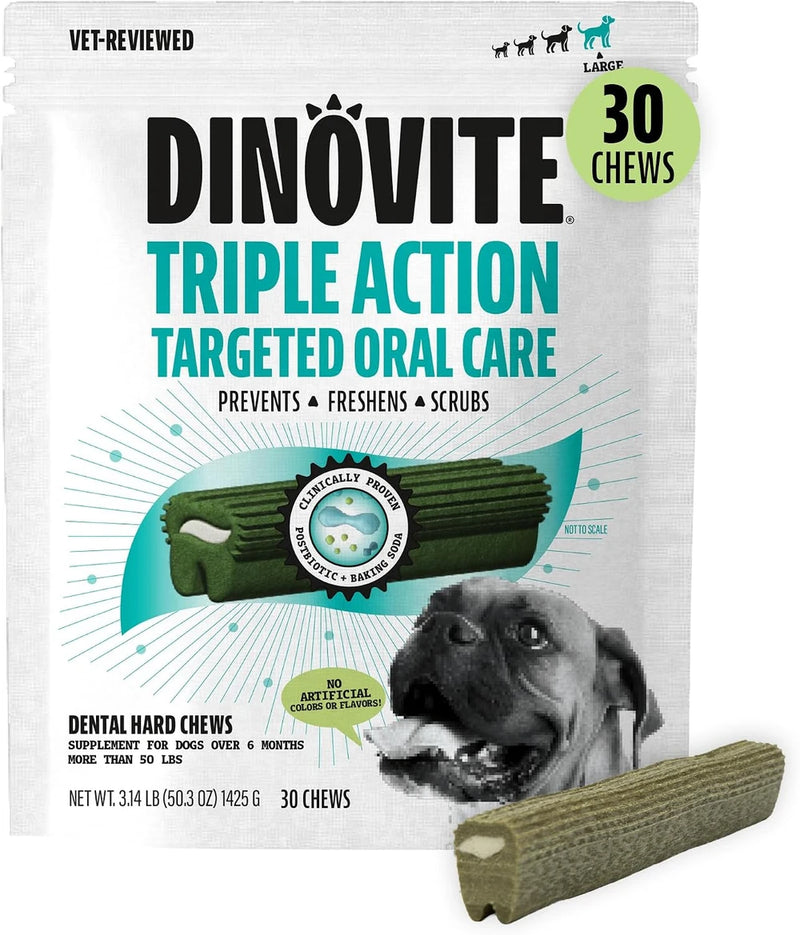 Dinovite Daily Dental Chews for Small Dogs, Freshens Breath, Mint, 30 Count
