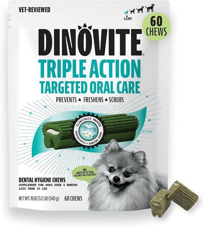Dinovite Daily Dental Chews for Tiny Dogs, Freshens Breath, Mint, 60 Count