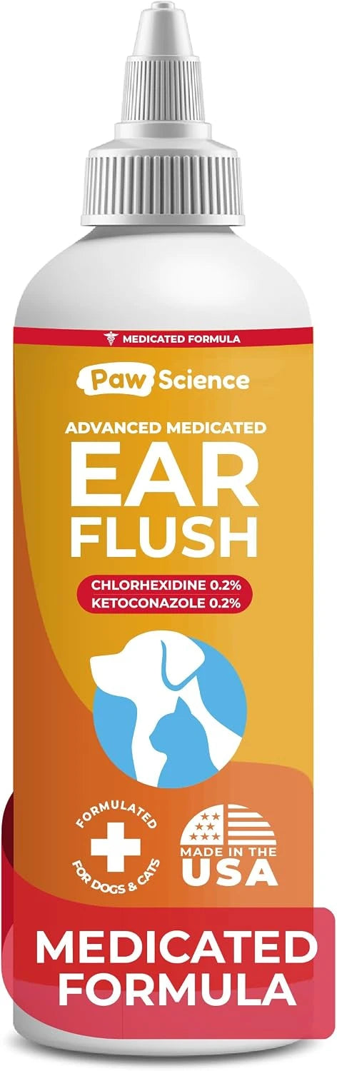 Paw Science Dog Ear Cleaner - Cat &amp; Dog Ear Infection Treatment - Medicated Pet Ear Wash, Flush, and Cleaning Solution for Dogs and Cats - Remedy for Itchy Yeast Relief