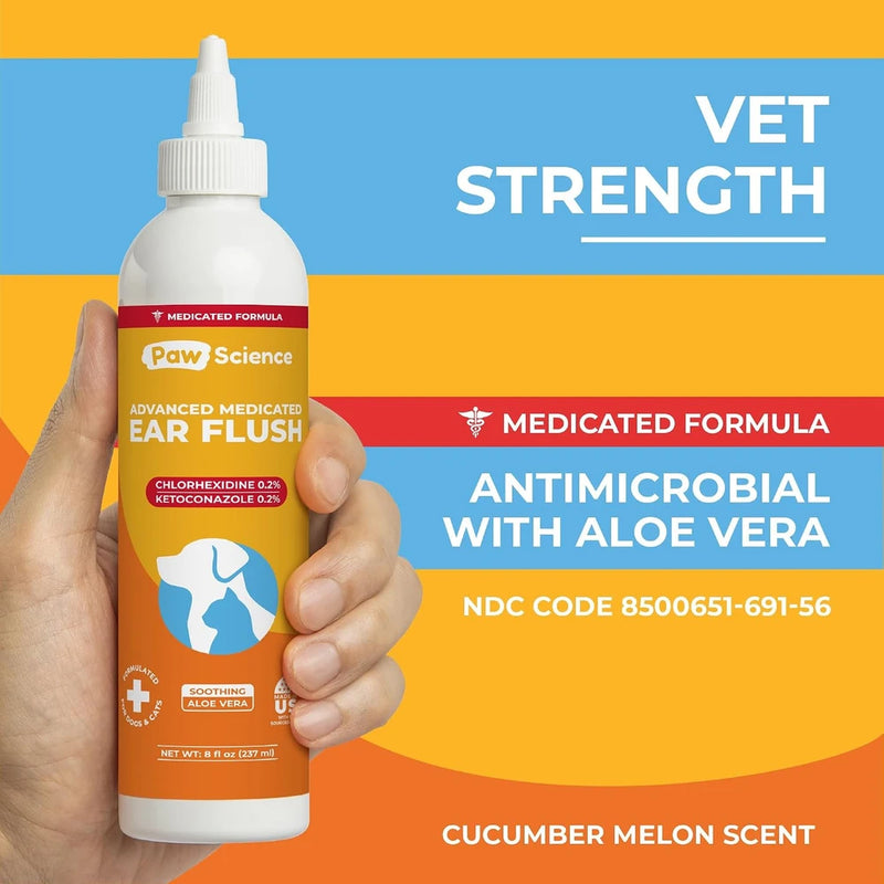 Paw Science Dog Ear Cleaner - Cat &amp; Dog Ear Infection Treatment - Medicated Pet Ear Wash, Flush, and Cleaning Solution for Dogs and Cats - Remedy for Itchy Yeast Relief
