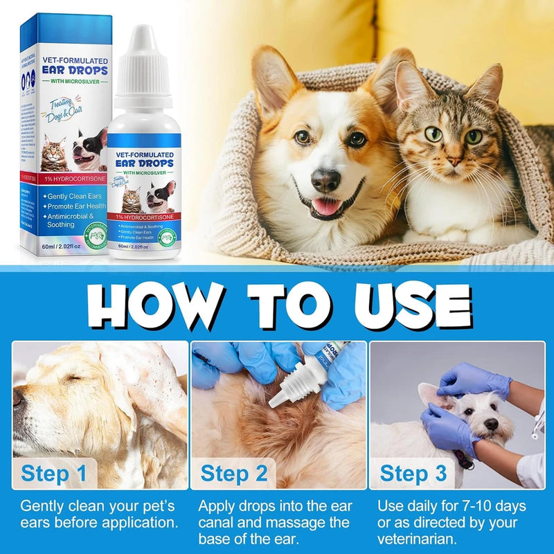 Ear Infection Treatment Drops for Dogs and Cats,with 1% Hydrocortisone Soothing Dog Yeast Infection, Itchy Ear Relief-Treats Ear Infections for Dogs &amp; Cats - 2 fl oz