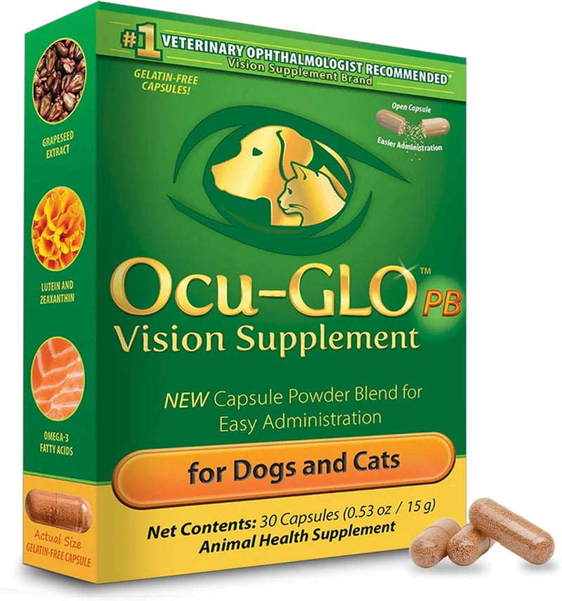 Ocu-GLO PB Vision Supplement for Small Dogs &amp; Cats – Easy to Administer Powder Blend with Lutein, Omega-3 Fatty Acids, Grape Seed Extract and Antioxidants to Promote Eye Health, 30ct Sprinkle Capsules