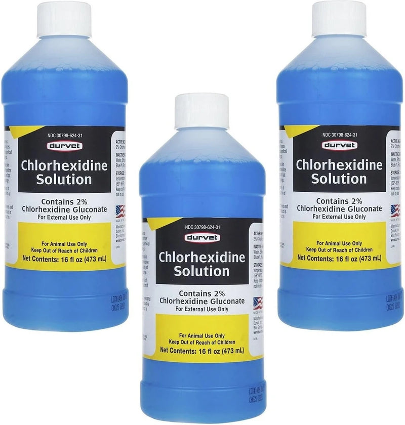 Durvet 3 Bottles of Chlorhexidine Solution, 16 Ounces Each, for Cleaning Superficial Wounds on Dogs and Horses