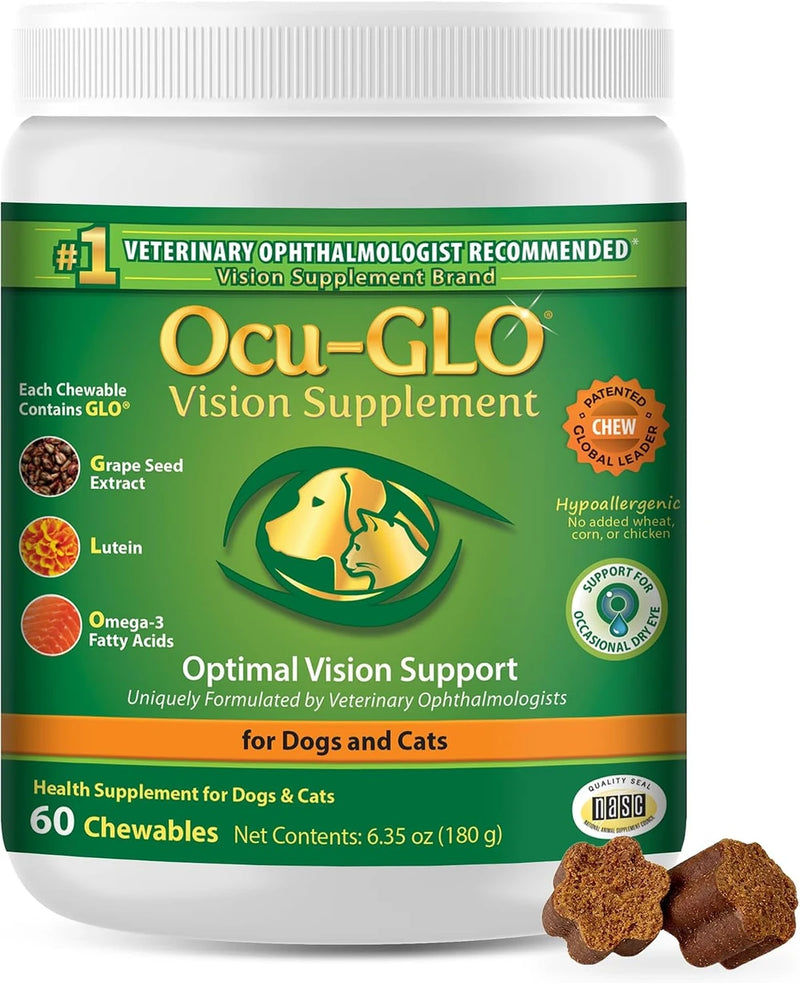 Ocu-GLO Cat &amp; Dog Supplement for Eye Support - Chewable Vision Vitamins Supplements for Large and Small Pets Care with Lutein, Omega-3 Fatty Acids, Grape Seed Extract &amp; Antioxidants