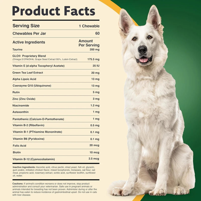 Ocu-GLO Cat &amp; Dog Supplement for Eye Support - Chewable Vision Vitamins Supplements for Large and Small Pets Care with Lutein, Omega-3 Fatty Acids, Grape Seed Extract &amp; Antioxidants