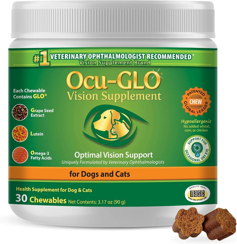 Ocu-GLO Cat &amp; Dog Supplement for Eye Support - Chewable Vision Vitamins Supplements for Large and Small Pets Care with Lutein, Omega-3 Fatty Acids, Grape Seed Extract &amp; Antioxidants